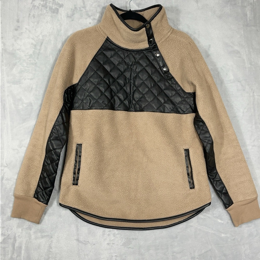 Abercrombie & Fitch Black Tan Sweater Snaps Faux Leather Fleece S Cozy Chic